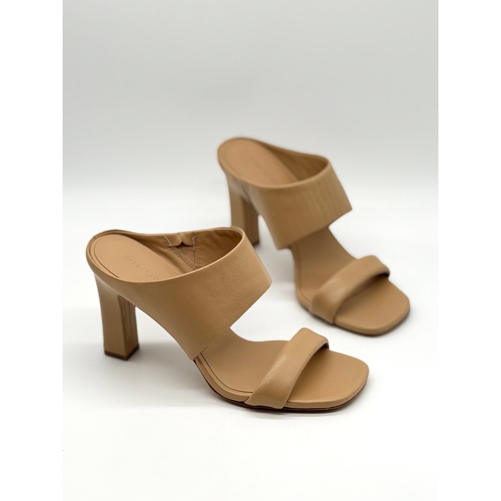 VINCE Quinn Heel Women 7.5 Tan Leather Block Heel Square Toe Sandal Slip On Mule